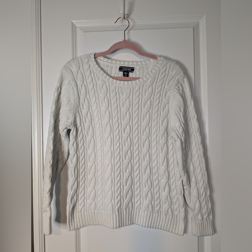 Lands' End Drifter Cable Crew Neck Sweater White Size Medium Petite